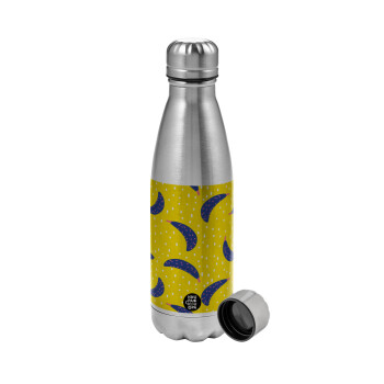 Yellow seamless with blue bananas, Metallic water bottle, stainless steel, 750ml