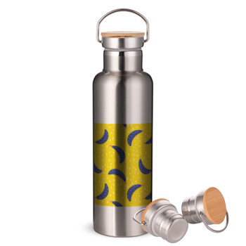 Yellow seamless with blue bananas, Stainless steel Silver with wooden lid (bamboo), double wall, 750ml