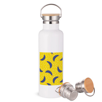 Yellow seamless with blue bananas, Μεταλλικό παγούρι θερμός (Stainless steel) Λευκό με ξύλινο καπάκι (bamboo), διπλού τοιχώματος, 750ml