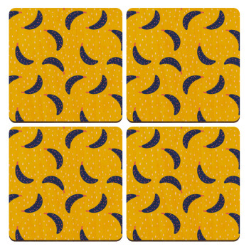 Yellow seamless with blue bananas, ΣΕΤ x4 Σουβέρ ξύλινα τετράγωνα plywood (9cm)