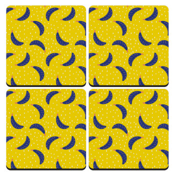Yellow seamless with blue bananas, ΣΕΤ 4 Σουβέρ ξύλινα τετράγωνα (9cm)