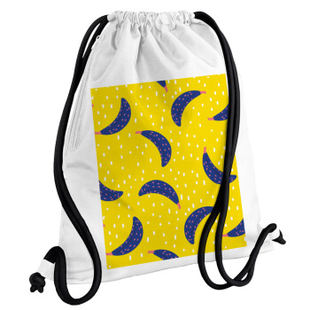 Yellow seamless with blue bananas, Τσάντα πλάτης πουγκί GYMBAG λευκή, με τσέπη (40x48cm) & χονδρά κορδόνια