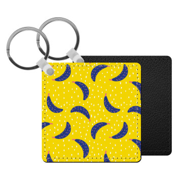 Yellow seamless with blue bananas, Μπρελόκ Δερματίνη, τετράγωνο ΜΑΥΡΟ (5x5cm)