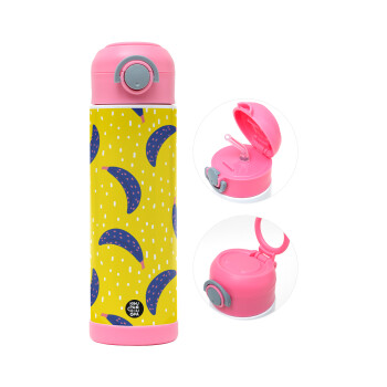 Yellow seamless with blue bananas, Children's hot water bottle, stainless steel, with safety straw, PINK (500ml)