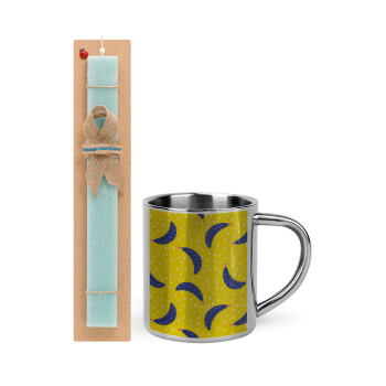 Yellow seamless with blue bananas, Easter Set, metallic thermal cup (300ml) & aromatic flat Easter candle (30cm) (TURQUOISE)