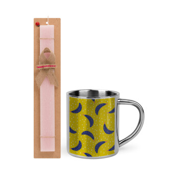 Yellow seamless with blue bananas, Easter Set, metallic thermal cup (300ml) & aromatic flat Easter candle (30cm) (PINK)