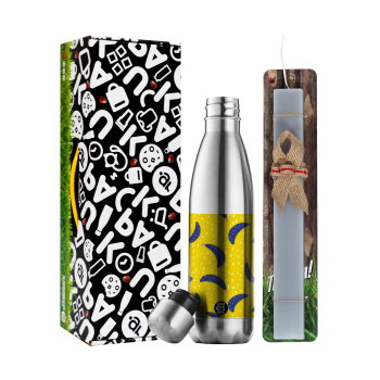 Yellow seamless with blue bananas, Easter Set, metallic stainless thermos flask (500ml) & scented flat Easter candle (30cm) (GRAY)