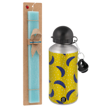 Yellow seamless with blue bananas, Easter Set, metallic silver aluminum water bottle (500ml) & scented flat Easter candle (30cm) (TURQUOISE)