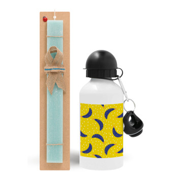 Yellow seamless with blue bananas, Easter Set, metallic aluminum water bottle (500ml) & scented flat candle (30cm) (TURQUOISE)