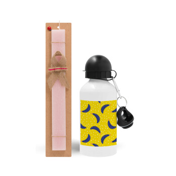 Yellow seamless with blue bananas, Easter Set, metallic aluminum bottle (500ml) & aromatic flat Easter candle (30cm) (PINK)