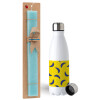 Easter Set, metallic stainless steel water bottle (750ml) & aromatic flat Easter candle (30cm) (TURQUOISE)