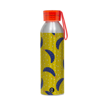 Yellow seamless with blue bananas, Αλουμινένιο Αθλητικό Μπουκάλι 650ml – Ασημί με Κόκκινο Καπάκι και Λουράκι Σιλικόνης