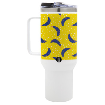 Yellow seamless with blue bananas, Mega Stainless steel Tumbler with lid, double wall 1,2L