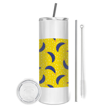 Yellow seamless with blue bananas, Tumbler stainless steel 600ml, with metal straw & cleaning brush