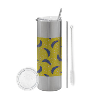 Yellow seamless with blue bananas, Eco friendly stainless steel Silver tumbler 600ml, with metal straw & cleaning brush
