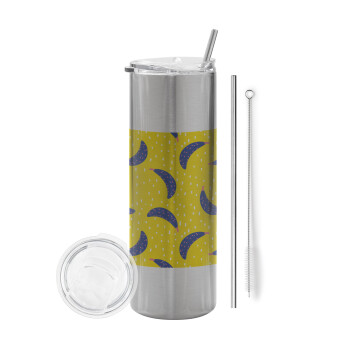 Yellow seamless with blue bananas, Tumbler stainless steel Silver 600ml, with metal straw & cleaning brush
