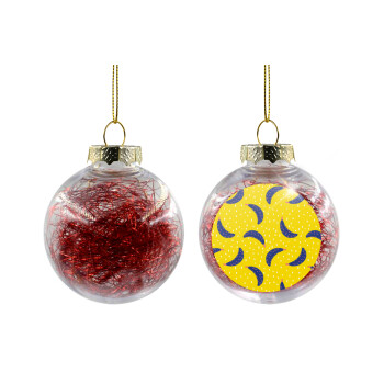 Yellow seamless with blue bananas, Transparent Christmas tree ball ornament with red filling 8cm