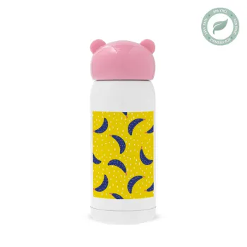 Yellow seamless with blue bananas, Pink stainless steel thermal flask, 320ml