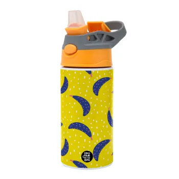 Yellow seamless with blue bananas, Παιδικό παγούρι θερμό, ανοξείδωτο, με καλαμάκι ασφαλείας, Πορτοκαλί/Γκρι (360ml) BPA-FREE