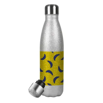 Yellow seamless with blue bananas, Metallic Glitter Silver Thermos Flask (Stainless steel), double-walled, 500ml