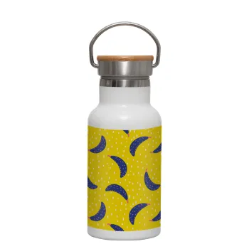 Yellow seamless with blue bananas, Μεταλλικό παγούρι θερμός (Stainless steel) Λευκό με ξύλινο καπακι (bamboo), διπλού τοιχώματος, 350ml