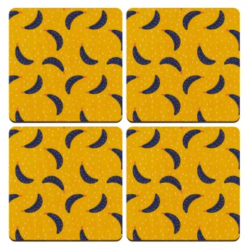 Yellow seamless with blue bananas, ΣΕΤ x4 Σουβέρ ξύλινα τετράγωνα plywood (9cm)