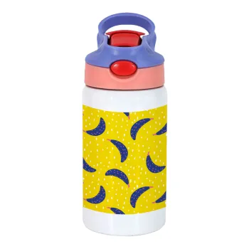 Yellow seamless with blue bananas, Παιδικό παγούρι θερμό, ανοξείδωτο, με καλαμάκι ασφαλείας, ροζ/μωβ (350ml)