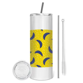 Yellow seamless with blue bananas, Tumbler ποτήρι θερμό από ανοξείδωτο ατσάλι 600ml, με μεταλλικό καλαμάκι & βούρτσα καθαρισμού