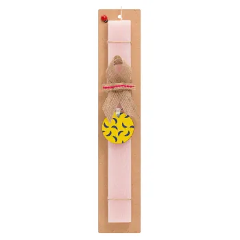 Yellow seamless with blue bananas, Πασχαλινή Λαμπάδα με ξύλινο μπρελόκ & κερί αρωματικό πλακέ (30cm) (ΡΟΖ)