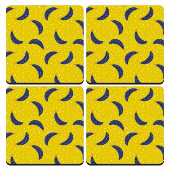 Yellow seamless with blue bananas, ΣΕΤ 4 Σουβέρ ξύλινα τετράγωνα (9cm)