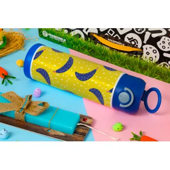 Yellow seamless with blue bananas, Πασχαλινή Λαμπάδα με Παιδικό παγούρι θερμό, ανοξείδωτο, με καλαμάκι ασφαλείας, ΜΠΛΕ (500ml)