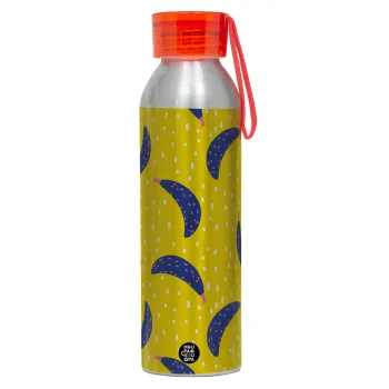 Yellow seamless with blue bananas, Αλουμινένιο Αθλητικό Μπουκάλι 650ml – Ασημί με Κόκκινο Καπάκι και Λουράκι Σιλικόνης