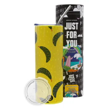 Yellow seamless with blue bananas, Neon Yellow Travel Tumbler θερμό, μεταλλικό καλαμάκι(Ανωξείδωτο 304 Food grade, BPA free, 600ml)