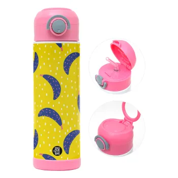 Yellow seamless with blue bananas, Παιδικό παγούρι θερμό, ανοξείδωτο, με καλαμάκι ασφαλείας, ΡΟΖ (500ml)