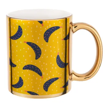 Yellow seamless with blue bananas, Mug ceramic, gold mirror, 330ml