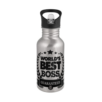 World's best boss stars, Water bottle Silver with straw, stainless steel 500ml