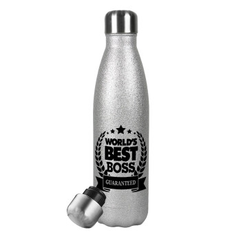 World's best boss stars, Metallic Glitter Silver Thermos Flask (Stainless steel), double-walled, 500ml