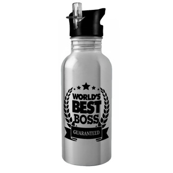 World's best boss stars, Water bottle Silver with straw, stainless steel 600ml