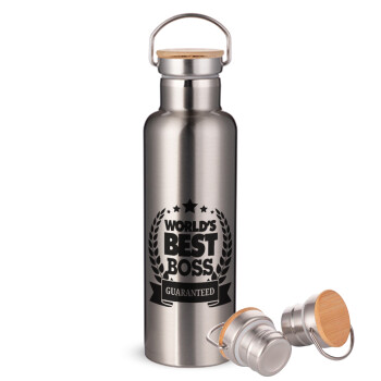 World's best boss stars, Stainless steel Silver with wooden lid (bamboo), double wall, 750ml