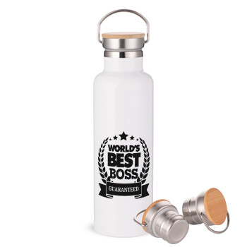 World's best boss stars, Μεταλλικό παγούρι θερμός (Stainless steel) Λευκό με ξύλινο καπάκι (bamboo), διπλού τοιχώματος, 750ml