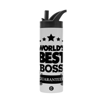 World's best boss stars, Metallic thermos bottle with straw & handle, stainless steel (Stainless steel 304), double-walled, 600ml.