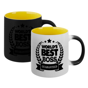 World's best boss stars, Κούπα Μαγική εσωτερικό κίτρινη, κεραμική 330ml που αλλάζει χρώμα με το ζεστό ρόφημα