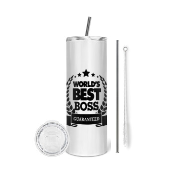 World's best boss stars, Eco friendly ποτήρι θερμό (tumbler) από ανοξείδωτο ατσάλι 600ml, με μεταλλικό καλαμάκι & βούρτσα καθαρισμού