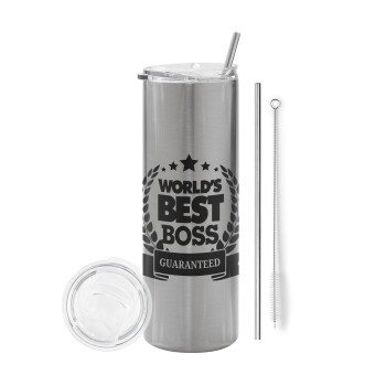 World's best boss stars, Eco friendly ποτήρι θερμό Ασημένιο (tumbler) από ανοξείδωτο ατσάλι 600ml, με μεταλλικό καλαμάκι & βούρτσα καθαρισμού