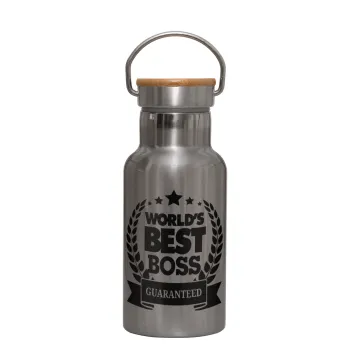 World's best boss stars, Stainless steel metallic thermos flask, silver with a bamboo lid, double-walled, 350ml.