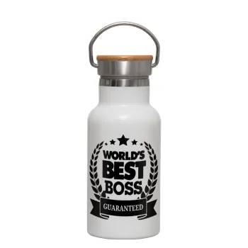 World's best boss stars, Metallic thermos (Stainless steel) White with wooden lid (bamboo), double-walled, 350ml