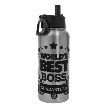 World's best boss stars, Metal mug thermo Silver with Straw and Spout Lid (Stainless steel), double wall, 950ml
