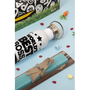 World's best boss stars, Πασχαλινή Λαμπάδα με παγούρι μεταλλικό (620ml, stainless steel) & κερί αρωματικό πλακέ (30cm) (ΤΙΡΚΟΥΑΖ)