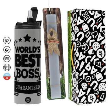 World's best boss stars, Πασχαλινή Λαμπάδα με Travel Tumbler θερμό (600ml, BPA free) & κερί αρωματικό πλακέ (30cm) (ΓΚΡΙ)