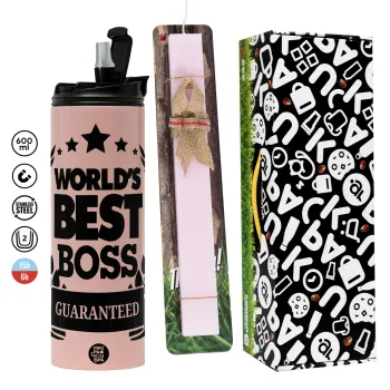 World's best boss stars, Πασχαλινή Λαμπάδα με  ΡΟΖ Travel Tumbler θερμό (600ml, BPA free) & κερί αρωματικό πλακέ (30cm) (ΡΟΖ)